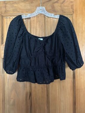 a new day Black Eyelet Peplum Puff Sleeve Top